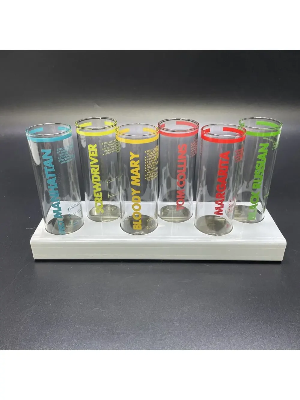 1970s Le Mixes Test Tube Shooter Station 6 Mixers w/Metal Base Holder Barware FR